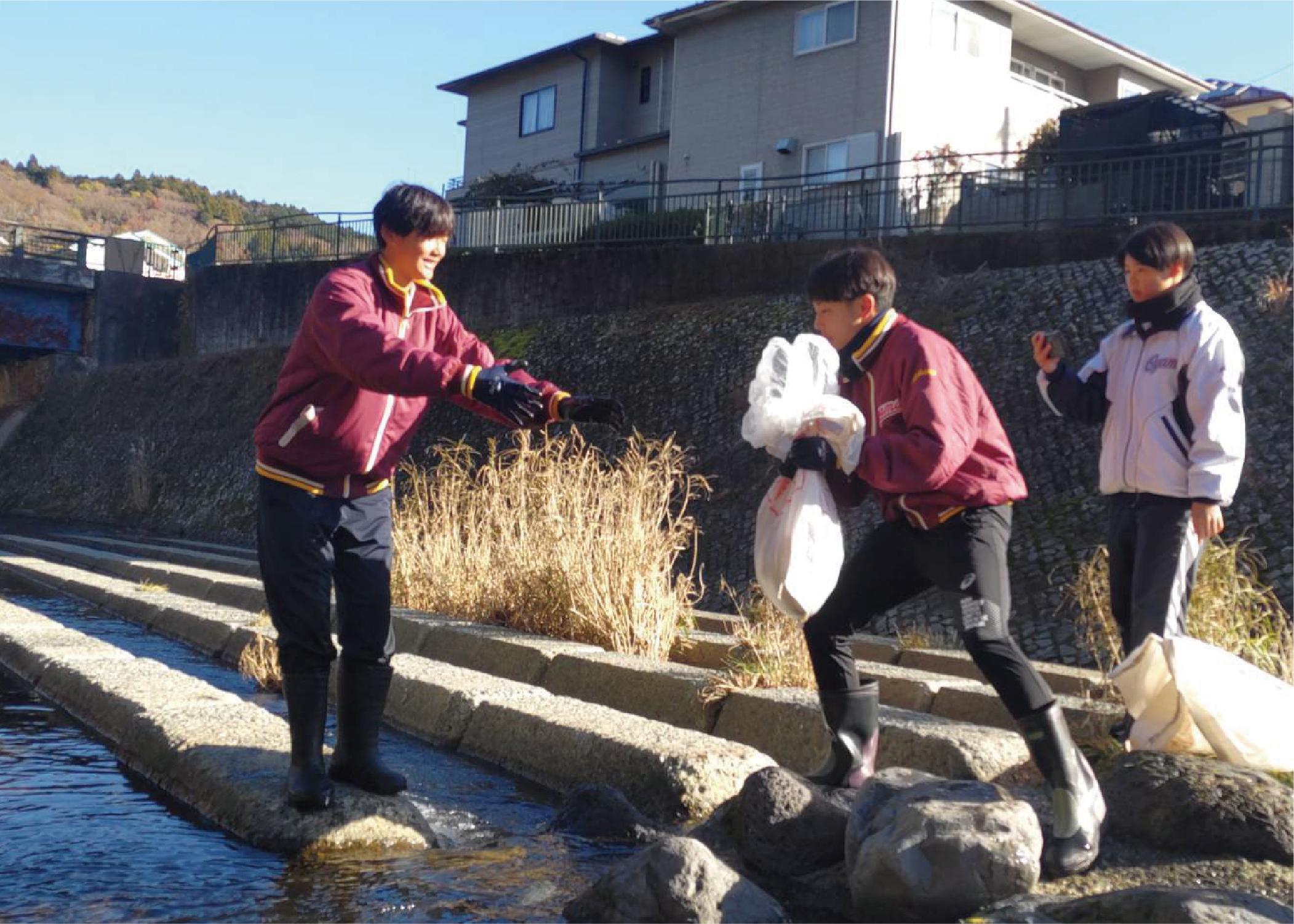 小山高校生が川に放流する様子