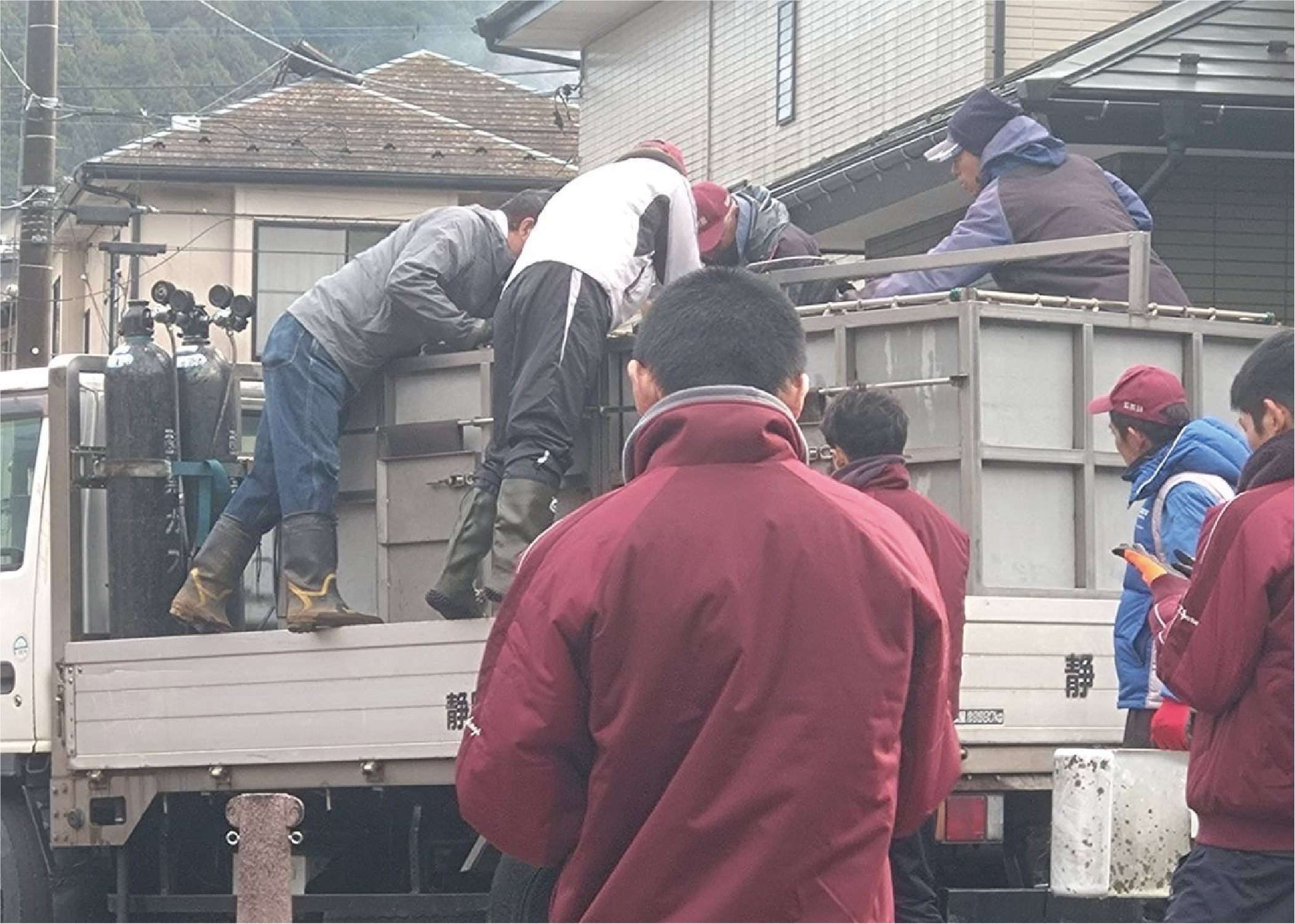 トラックから放流するニジマスをおろす様子